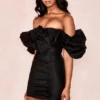 Selena Black Satin Puff Shoulder Dress Selena Black Satin Puff Shoulder Dress