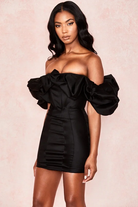 Selena Black Satin Puff Shoulder Dress Selena Black Satin Puff Shoulder Dress
