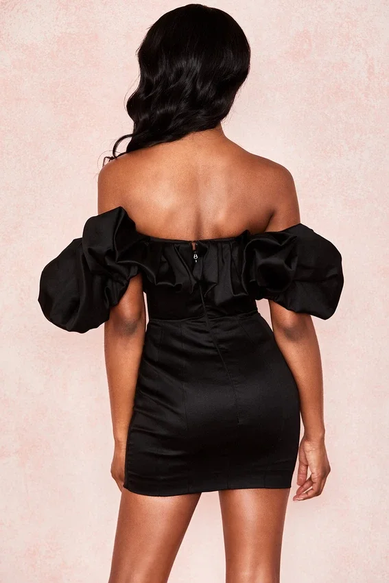 Selena Black Satin Puff Shoulder Dress Selena Black Satin Puff Shoulder Dress