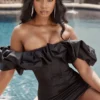 Selena Black Satin Puff Shoulder Dress Selena Black Satin Puff Shoulder Dress