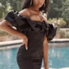 Selena Black Satin Puff Shoulder Dress Selena Black Satin Puff Shoulder Dress