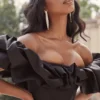 Selena Black Satin Puff Shoulder Dress Selena Black Satin Puff Shoulder Dress