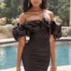Selena Black Satin Puff Shoulder Dress Selena Black Satin Puff Shoulder Dress