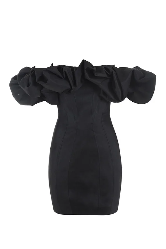 Selena Black Satin Puff Shoulder Dress Selena Black Satin Puff Shoulder Dress