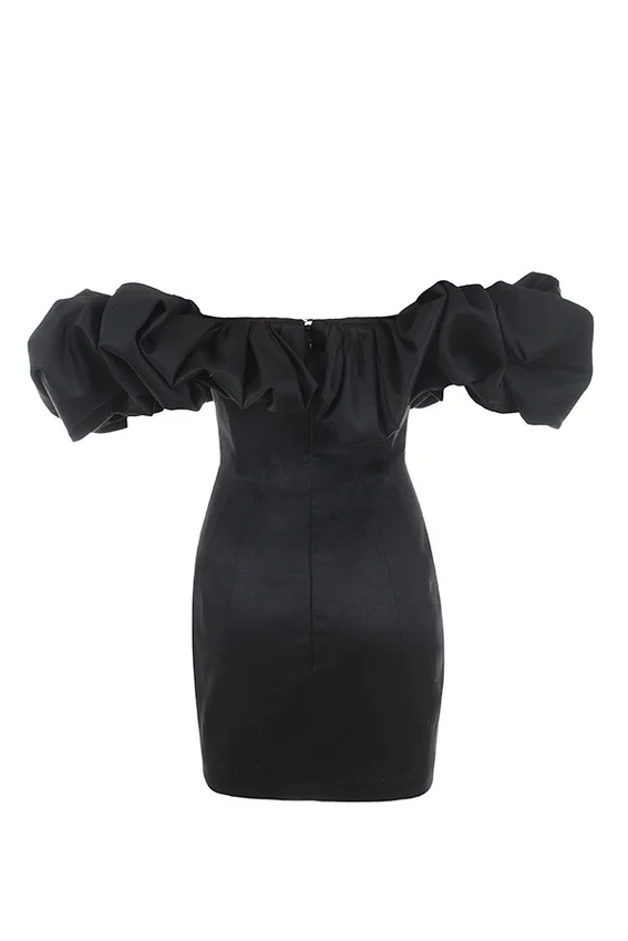 Selena Black Satin Puff Shoulder Dress Selena Black Satin Puff Shoulder Dress