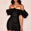 Selena Black Satin Puff Shoulder Dress Selena Black Satin Puff Shoulder Dress