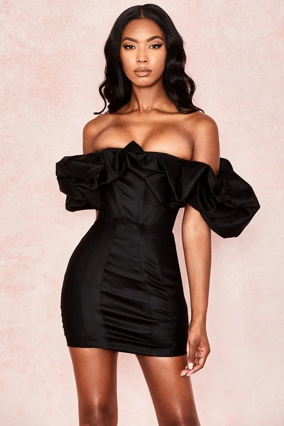 Selena Black Satin Puff Shoulder Dress Selena Black Satin Puff Shoulder Dress