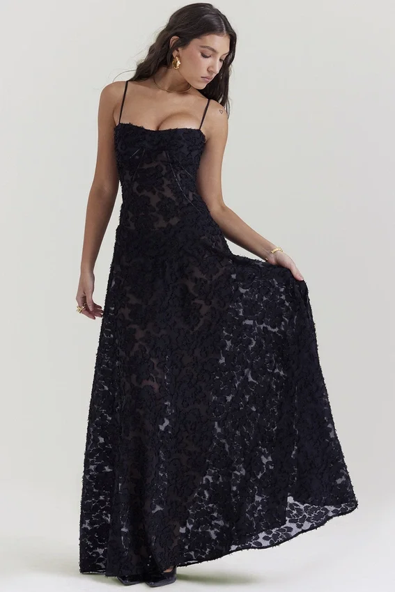 Seren Black Floral Lace Back Maxi Dress Seren Black Floral Lace Back Maxi Dress