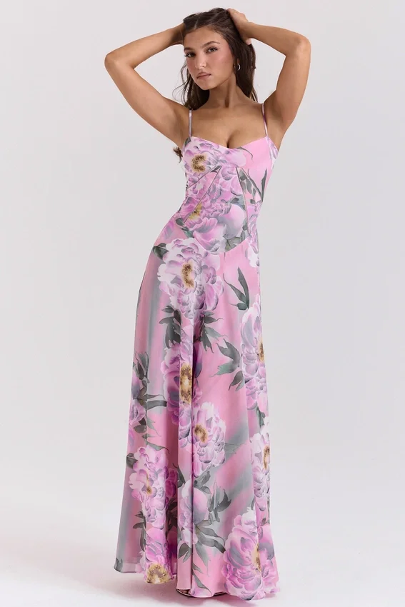 Seren Pink Floral Print Lace Back Maxi Dress Seren Pink Floral Print Lace Back Maxi Dress