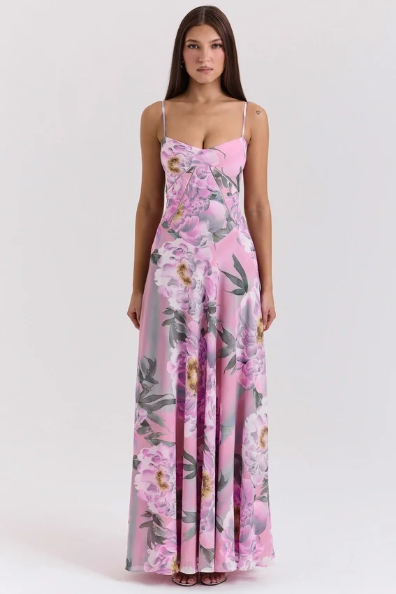Seren Pink Floral Print Lace Back Maxi Dress Seren Pink Floral Print Lace Back Maxi Dress