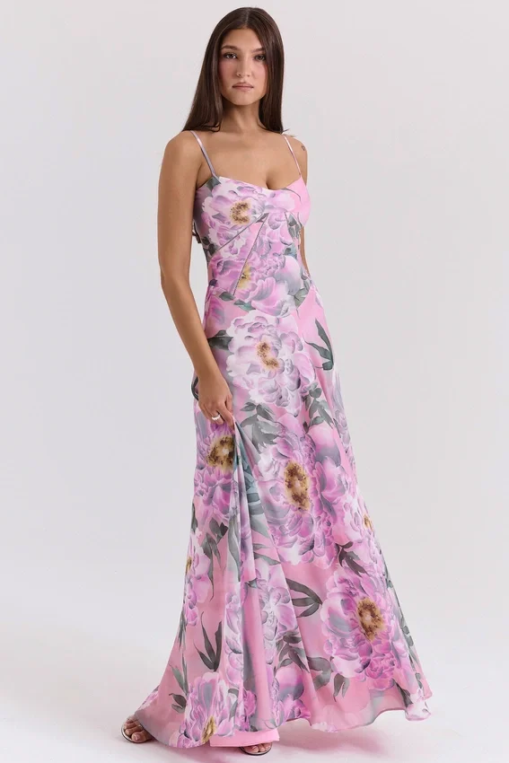 Seren Pink Floral Print Lace Back Maxi Dress Seren Pink Floral Print Lace Back Maxi Dress