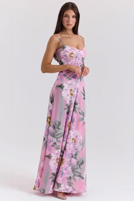 Seren Pink Floral Print Lace Back Maxi Dress Seren Pink Floral Print Lace Back Maxi Dress