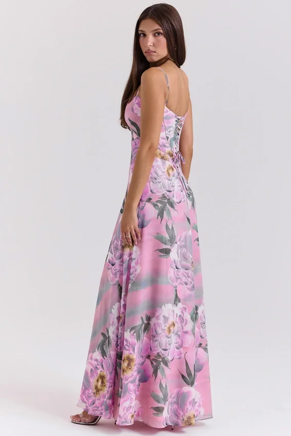 Seren Pink Floral Print Lace Back Maxi Dress Seren Pink Floral Print Lace Back Maxi Dress