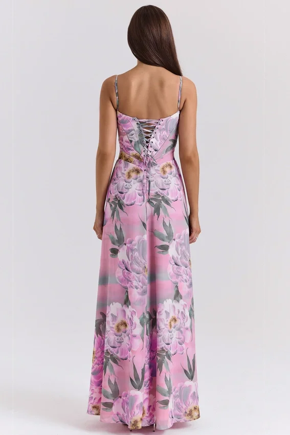 Seren Pink Floral Print Lace Back Maxi Dress Seren Pink Floral Print Lace Back Maxi Dress