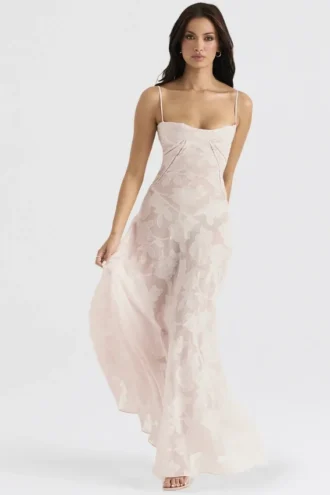 Seren Soft Pink Floral Lace Back Maxi Dress