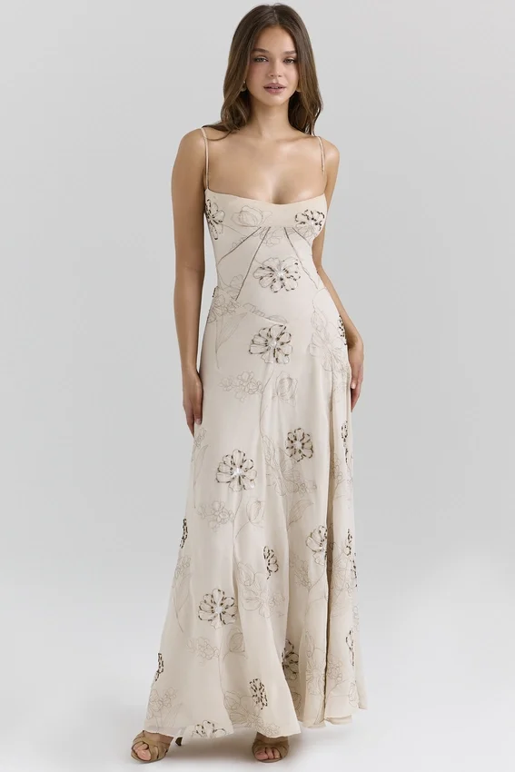 Seren Vanilla Embroidered Hand Beaded Floral Maxi Dress Seren Vanilla Embroidered Hand Beaded Floral Maxi Dress