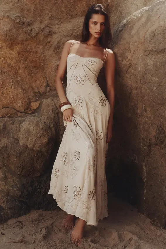 Seren Vanilla Embroidered Hand Beaded Floral Maxi Dress Seren Vanilla Embroidered Hand Beaded Floral Maxi Dress