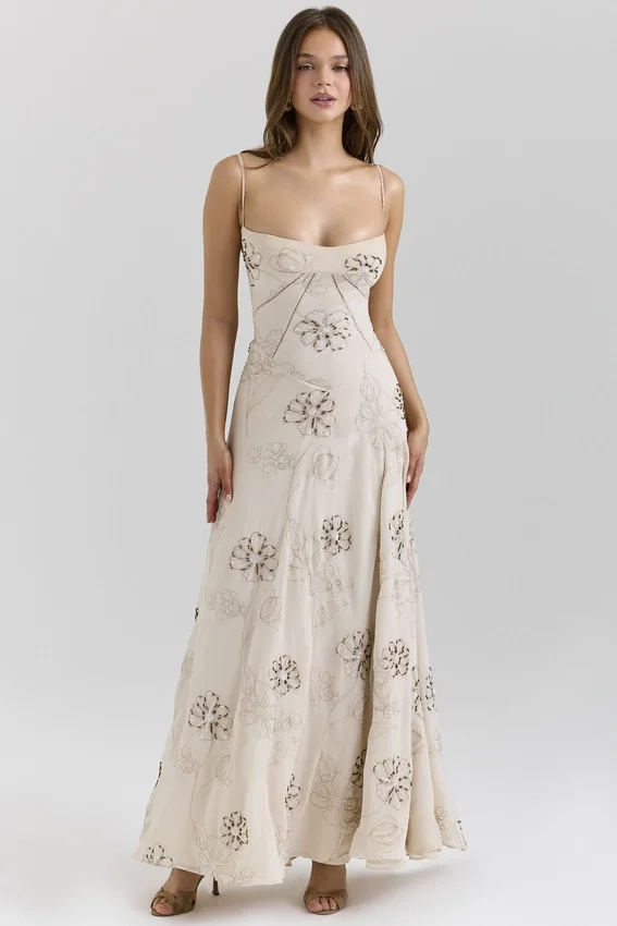 Seren Vanilla Embroidered Hand Beaded Floral Maxi Dress Seren Vanilla Embroidered Hand Beaded Floral Maxi Dress