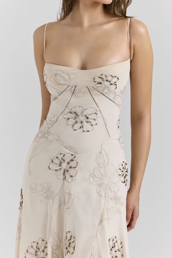 Seren Vanilla Embroidered Hand Beaded Floral Maxi Dress Seren Vanilla Embroidered Hand Beaded Floral Maxi Dress