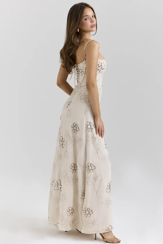 Seren Vanilla Embroidered Hand Beaded Floral Maxi Dress Seren Vanilla Embroidered Hand Beaded Floral Maxi Dress