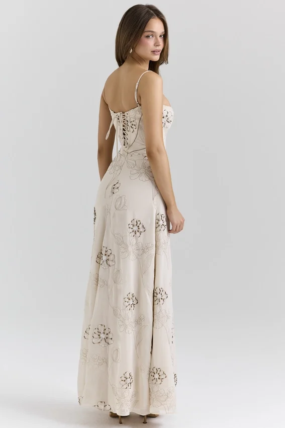 Seren Vanilla Embroidered Hand Beaded Floral Maxi Dress Seren Vanilla Embroidered Hand Beaded Floral Maxi Dress