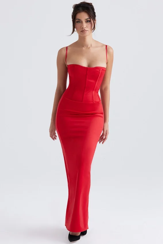 Shani Red Satin Corset Maxi Dress Shani Red Satin Corset Maxi Dress