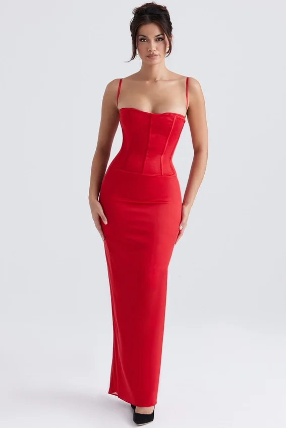 Shani Red Satin Corset Maxi Dress Shani Red Satin Corset Maxi Dress