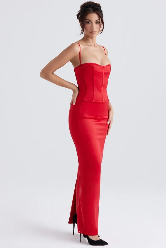 Shani Red Satin Corset Maxi Dress Shani Red Satin Corset Maxi Dress
