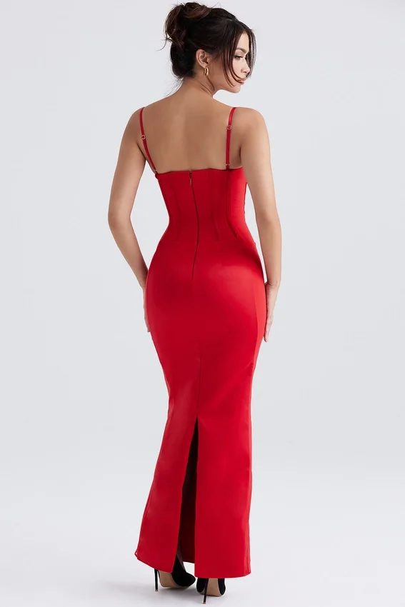 Shani Red Satin Corset Maxi Dress Shani Red Satin Corset Maxi Dress