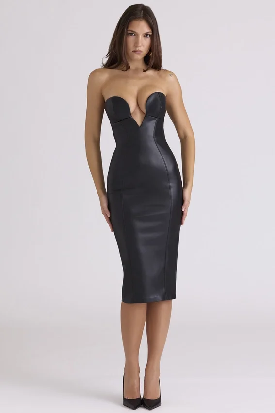Shia Black Vegan Leather Strapless Midi Dress Shia Black Vegan Leather Strapless Midi Dress