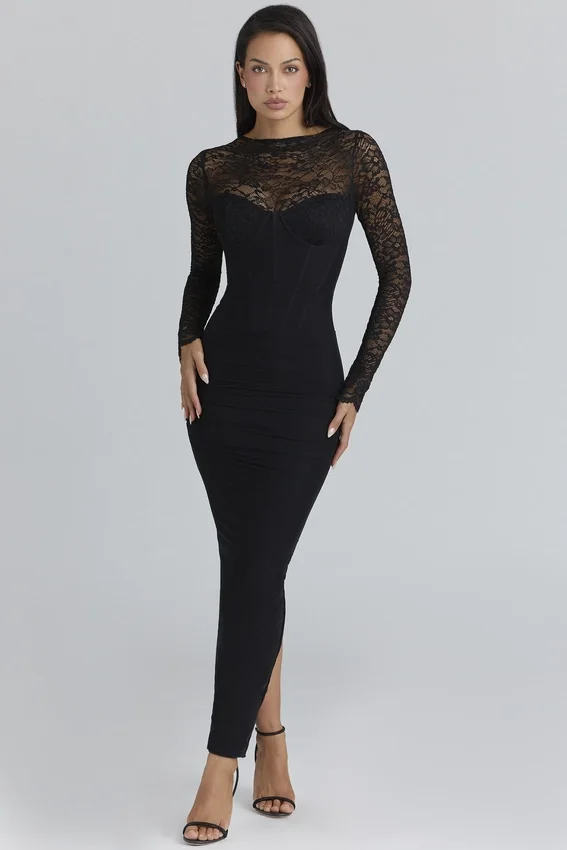 Shiloh Black Lace Long Sleeved Corset Maxi Dress Shiloh Black Lace Long Sleeved Corset Maxi Dress