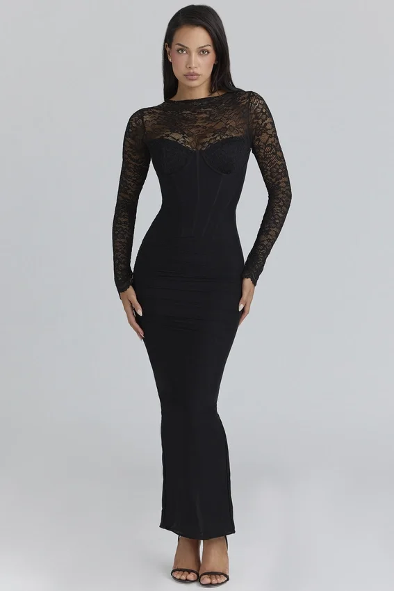 Shiloh Black Lace Long Sleeved Corset Maxi Dress Shiloh Black Lace Long Sleeved Corset Maxi Dress