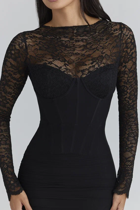 Shiloh Black Lace Long Sleeved Corset Maxi Dress Shiloh Black Lace Long Sleeved Corset Maxi Dress