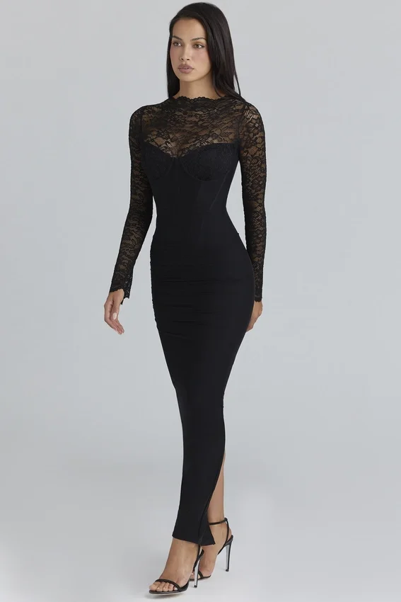 Shiloh Black Lace Long Sleeved Corset Maxi Dress Shiloh Black Lace Long Sleeved Corset Maxi Dress