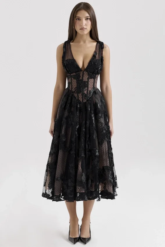 Sianna Black Embroidered Tulle Corset Midi Dress Sianna Black Embroidered Tulle Corset Midi Dress