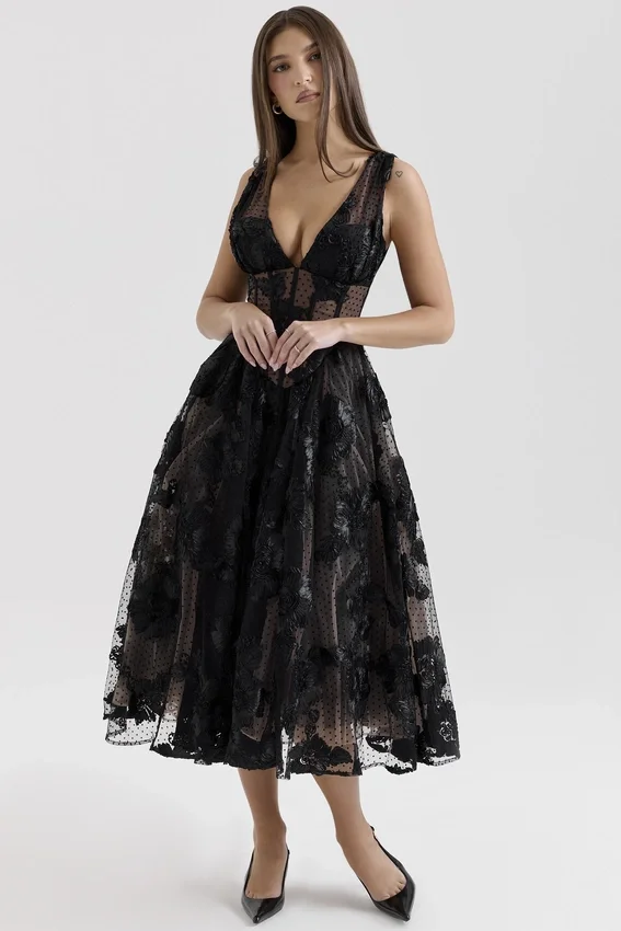 Sianna Black Embroidered Tulle Corset Midi Dress Sianna Black Embroidered Tulle Corset Midi Dress