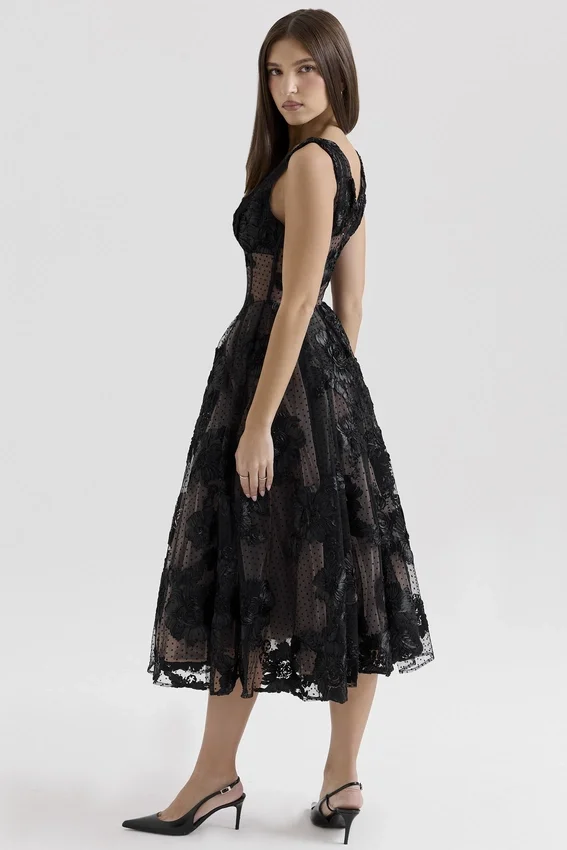 Sianna Black Embroidered Tulle Corset Midi Dress Sianna Black Embroidered Tulle Corset Midi Dress