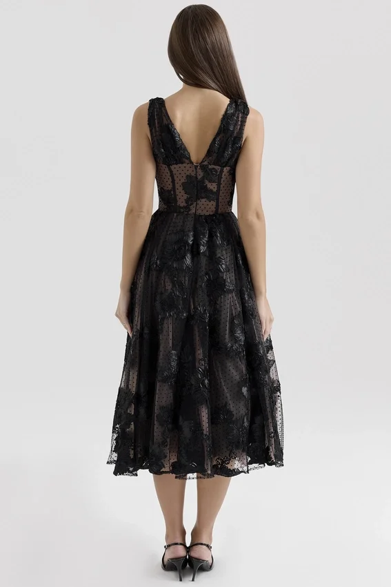 Sianna Black Embroidered Tulle Corset Midi Dress Sianna Black Embroidered Tulle Corset Midi Dress