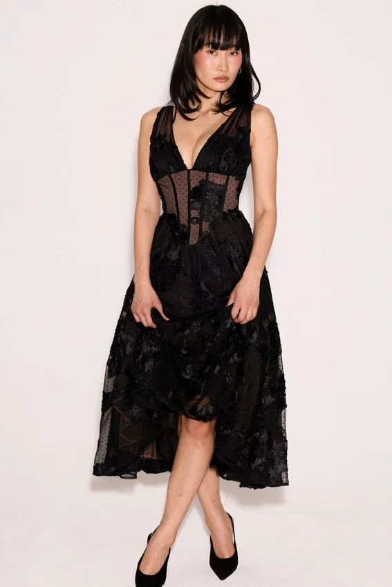 Sianna Black Embroidered Tulle Corset Midi Dress Sianna Black Embroidered Tulle Corset Midi Dress