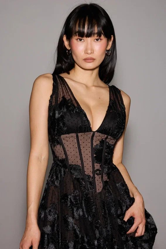 Sianna Black Embroidered Tulle Corset Midi Dress Sianna Black Embroidered Tulle Corset Midi Dress