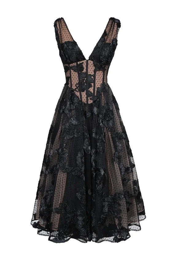 Sianna Black Embroidered Tulle Corset Midi Dress Sianna Black Embroidered Tulle Corset Midi Dress