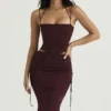 Sidonie Wine Satin Lace Up Midi Skirt