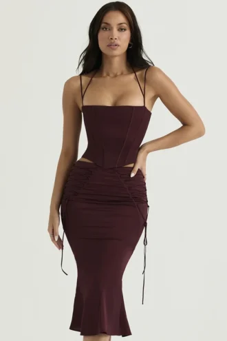 Sidonie Wine Satin Lace Up Midi Skirt