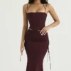 Sidonie Wine Satin Lace Up Midi Skirt