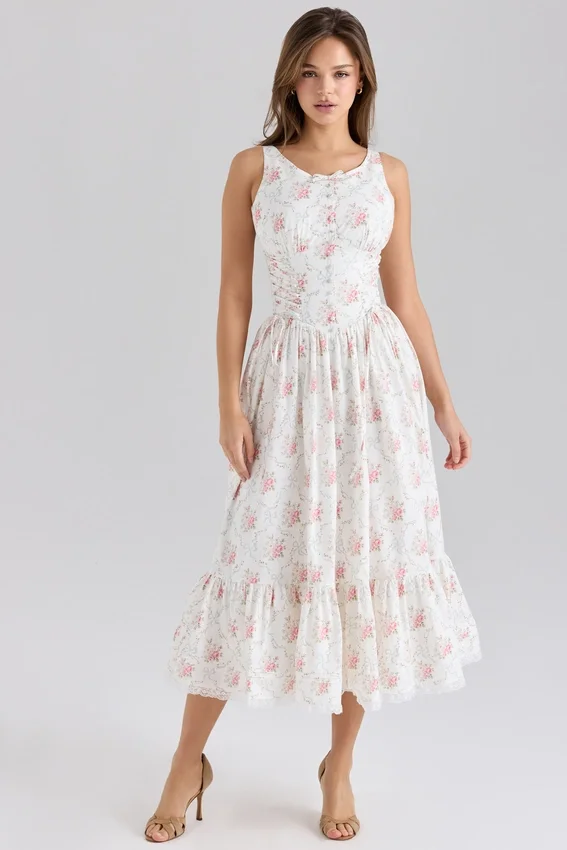 Sienna Rose Print Stretch Cotton Lace Up Midi Dress Sienna Rose Print Stretch Cotton Lace Up Midi Dress