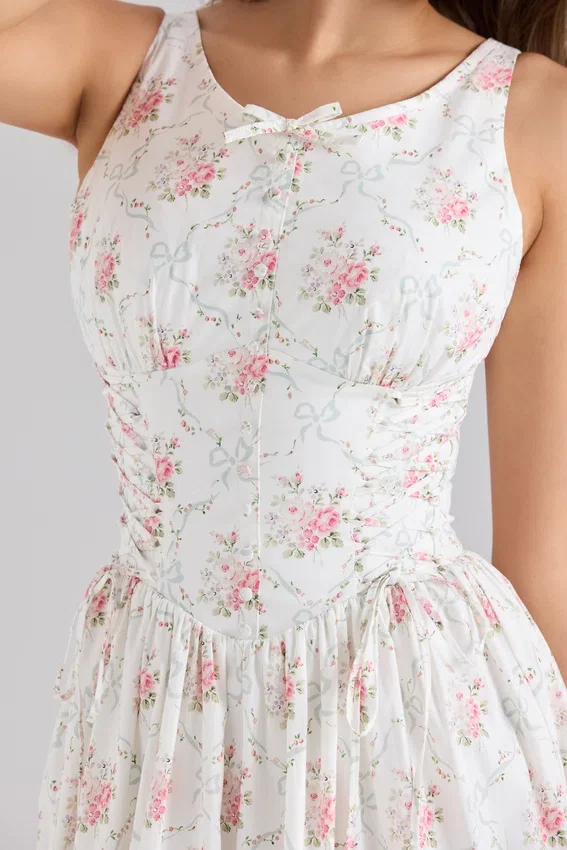 Sienna Rose Print Stretch Cotton Lace Up Midi Dress Sienna Rose Print Stretch Cotton Lace Up Midi Dress