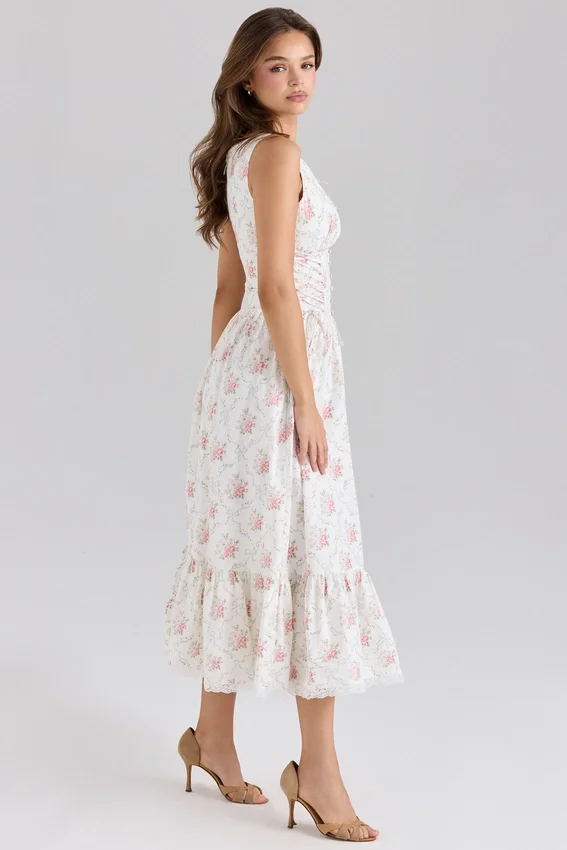 Sienna Rose Print Stretch Cotton Lace Up Midi Dress Sienna Rose Print Stretch Cotton Lace Up Midi Dress