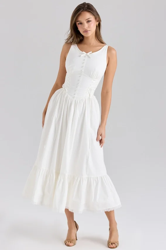Sienna White Stretch Cotton Lace Up Midi Dress Sienna White Stretch Cotton Lace Up Midi Dress