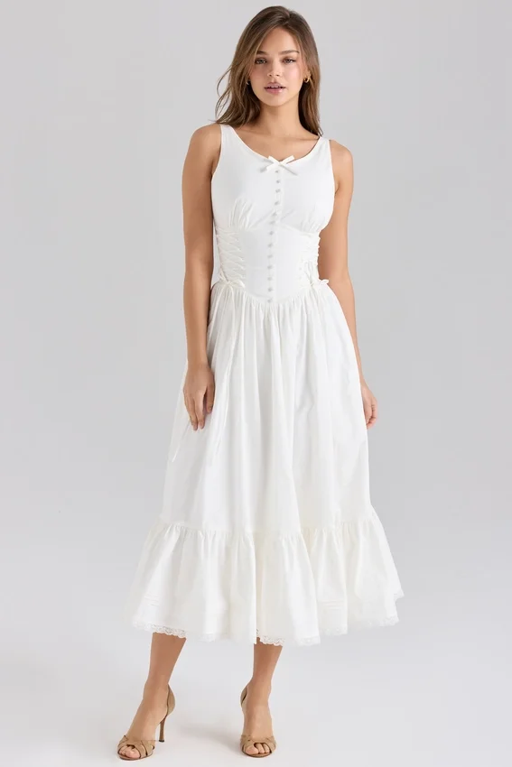Sienna White Stretch Cotton Lace Up Midi Dress Sienna White Stretch Cotton Lace Up Midi Dress