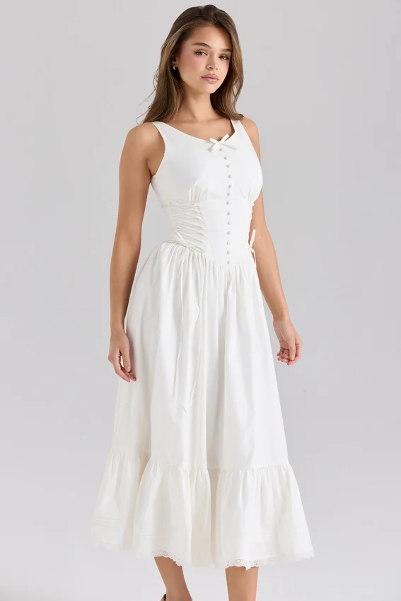 Sienna White Stretch Cotton Lace Up Midi Dress Sienna White Stretch Cotton Lace Up Midi Dress